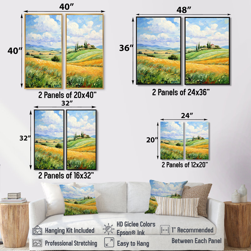Vangogh Rolling Hills I - Décoration murale jaune 2 pièces, Floater Framed Print without Mat, Black, 36" H x 48" W