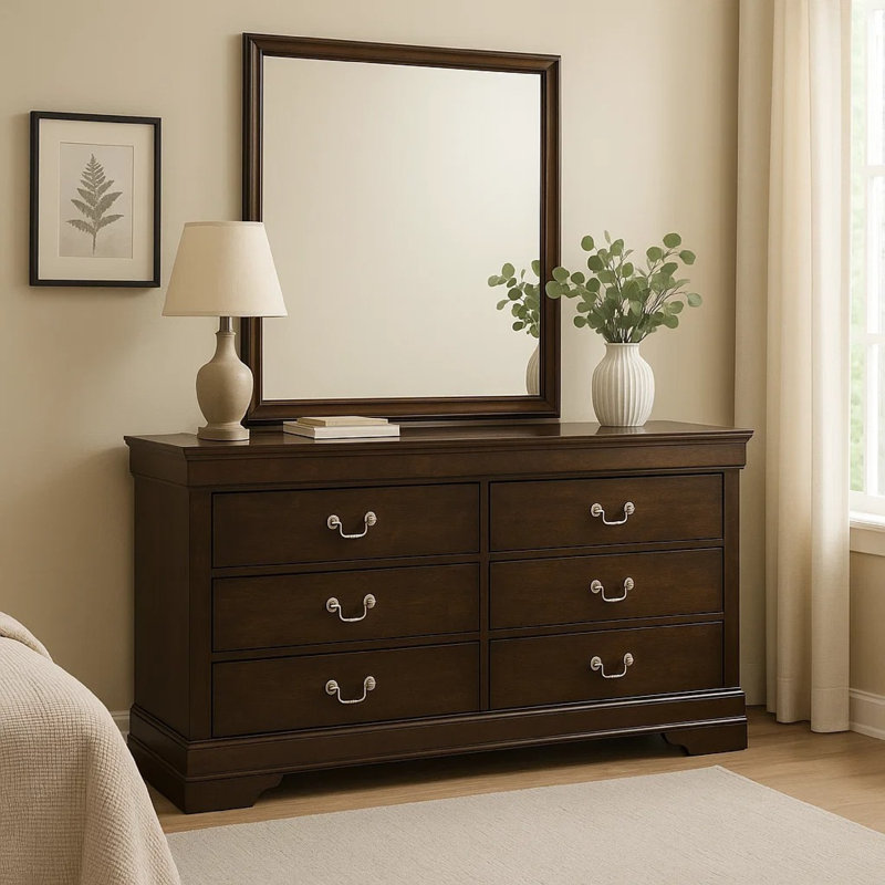 Commode et miroir larges Nim avec garniture moulée, 6 tiroirs, brun foncé, Brun
