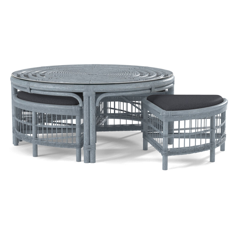 Raffles Rattan Cocktail Table with Benches, Blue Buffalo Check; 0120-61, Sea Glass