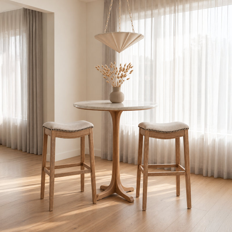 Maven Lane Adrien Backless Saddle Kitchen Stool with Fabric Upholstery, Sand Fabric / Weathered Oak