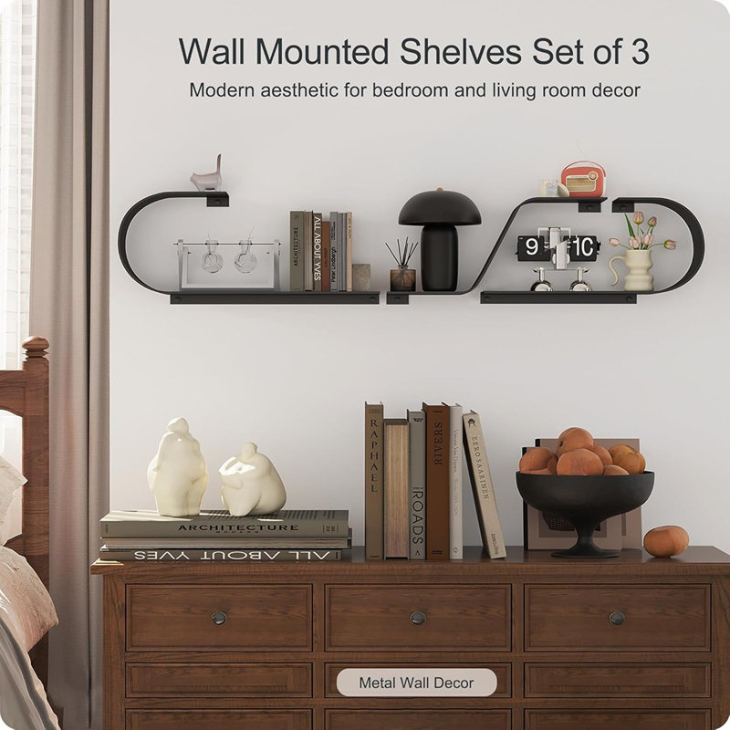 Ensemble de 3 tablettes flottantes noires, décor en métal noir, ...