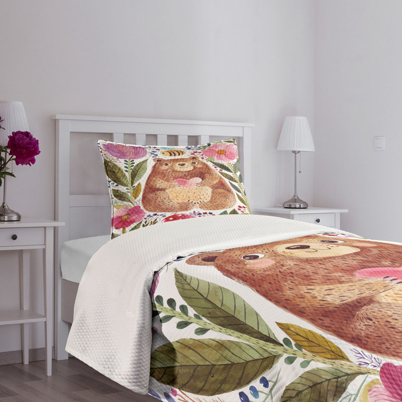 Colorful Bear and Flowers Twin Bedspread Set