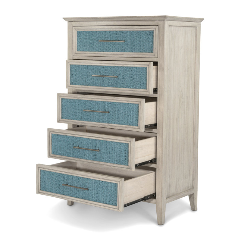 Commode tissée à 5 tiroirs Ocean Isles - Bleu océan et ivoire vieilli