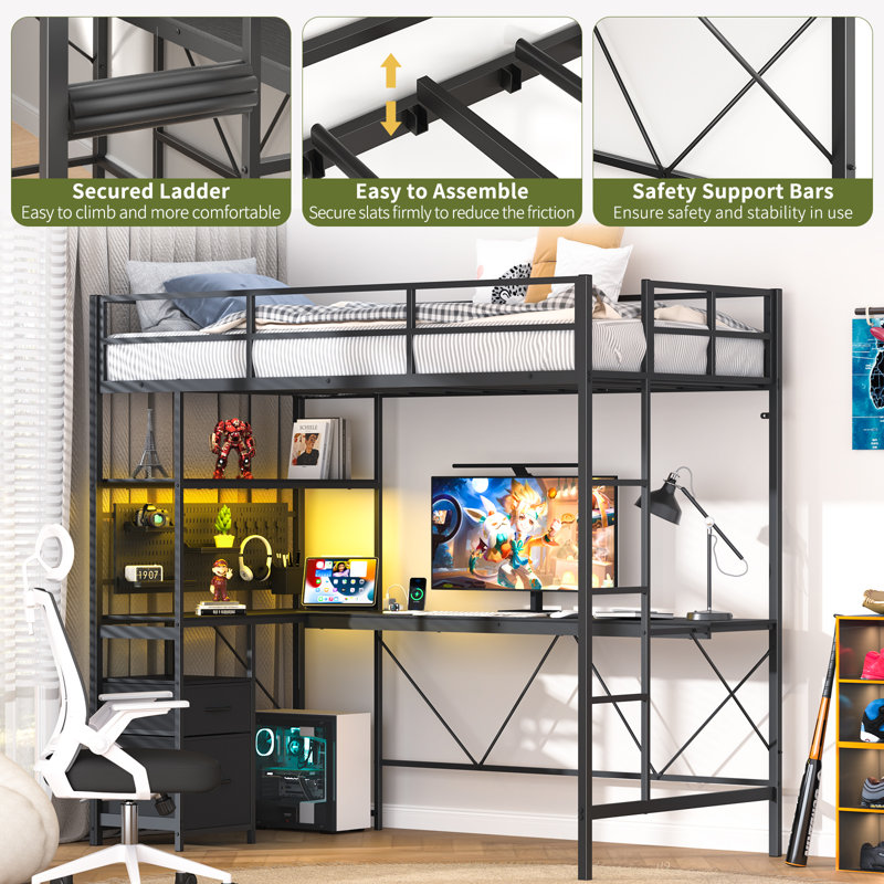Loft Bed with Desk, Metal Twin Loft Bed Frame with Charging Station / LED/ Drawers, Black