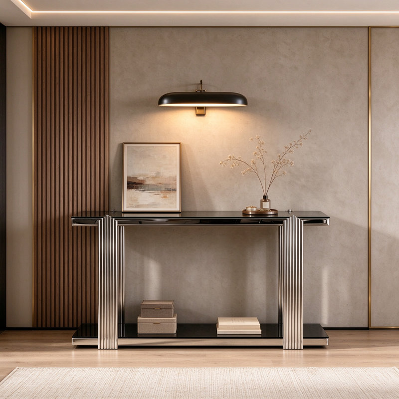 Console minimaliste en verre noir avec cadre miroir argenté, idéale pour l'entrée du salon.