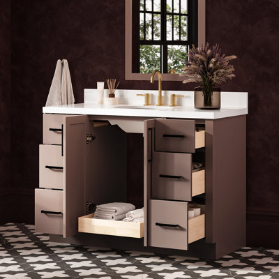Meuble-lavabo ovale simple de 124 cm (49 po) avec comptoir en quartz blanc pur de 3,8 cm (1,5 po) couleur moka