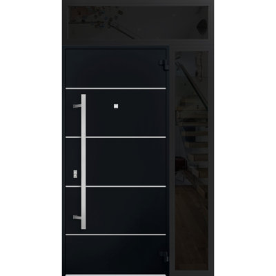 Porte avant en acier pré-suspendue à l'avant / deux portes en émail noir 6083 / fenêtre extérieure latérale et supérieure avec insert en acier inoxydable, entrée moderne en métal peint de l 36 po x H 12 po x H 80 po et à gauche 16 po