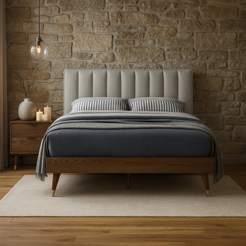 Vance Upholstered Platform Bed, Queen, Beige Linen Textured Fabric
