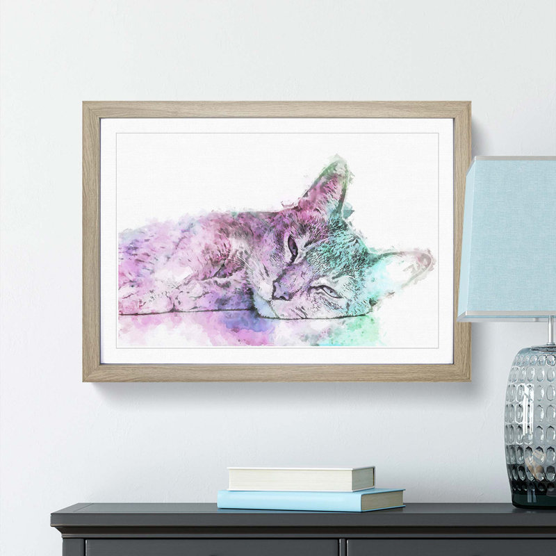 Colourful Abyssinian Cat in Abstract - Framed Print, 48cm H x 65cm W x 2cm D, Oak Framed