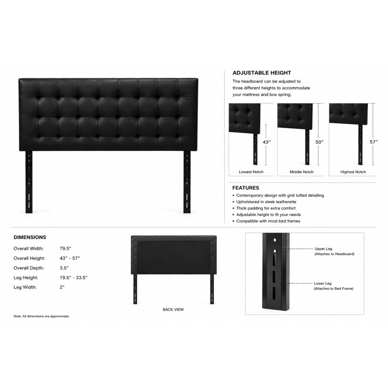 Lit plateforme tapissier contemporain avec tête de lit réglable, lit en similicuir, noir, très grand lit, Très grand lit