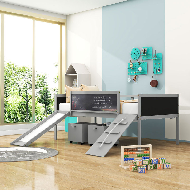 Bludov Twin Loft Bed with Two Storage Boxes, Chalkboard and Slide by Harriet Bee, Gray