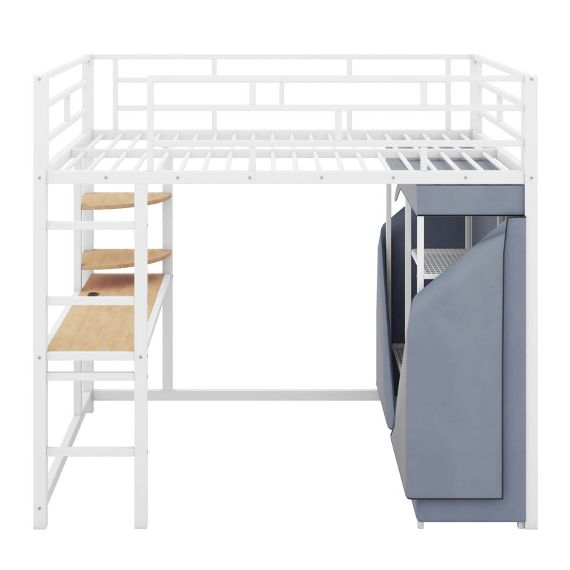 Lit mezzanine en métal avec bureau, tablettes, prise de courant, lumière DEL et garde-robe, Blanc