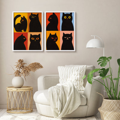 Playful Cat Pop Art Wall Art Print Set - Retro Colorful Feline Illustration Framed 2-Piece Set for Living Room or Kids' Space Decor