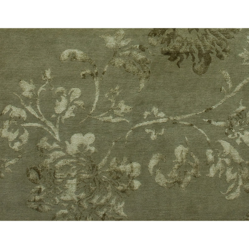Tapis rectangulaire en soie / laine noué à la main olive / ivoire, Rectangle 4 pi x 6 pi