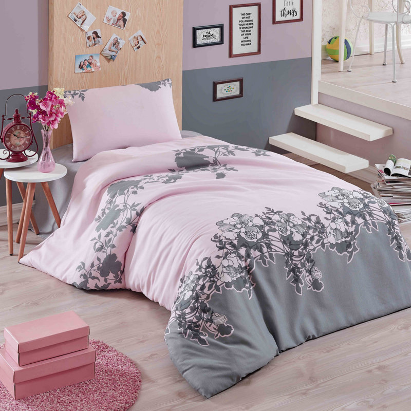 Soft Cotton-Polyester Single Quilt Cover Set, Powder & Grey | Duvet Cover 63.0 x 86.6 inches, Flat Sheet 63.0 x 90.6 inches, Pillowcase 19.7 x 27.6 inches | Machine Washable, Button & Envelope Closure, Cozy & Stylish Bedding