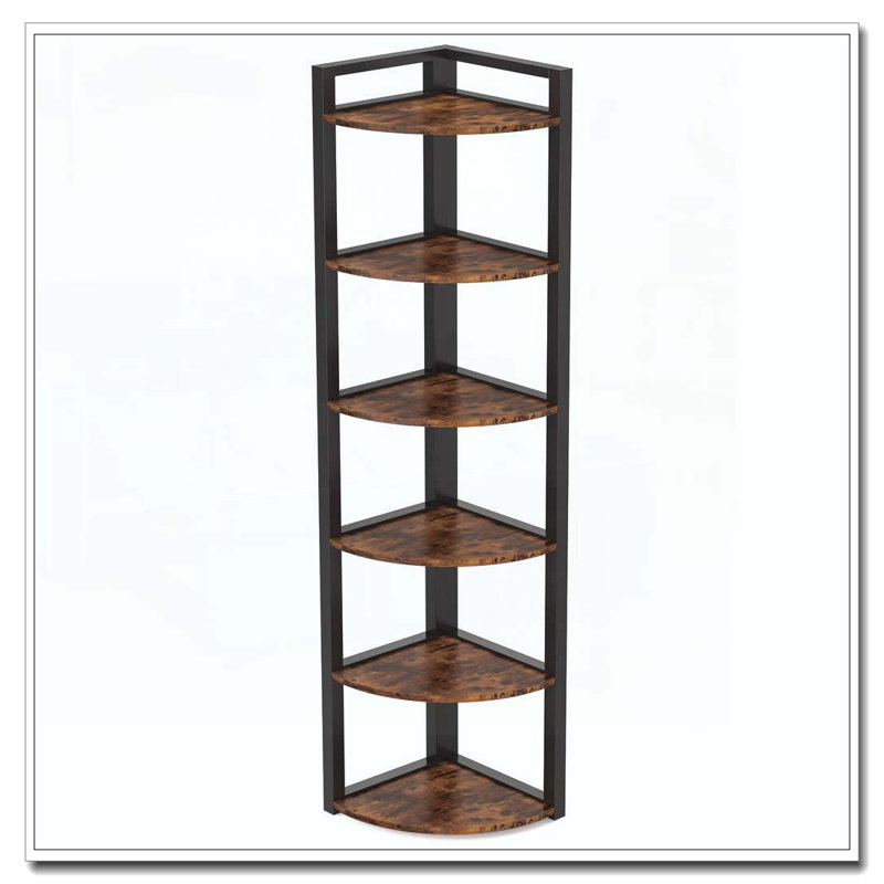 70.87" Tall 6-Tier  Corner Bookshelf Storage Shelf For Living Room & Office, Rustic Brown/Black