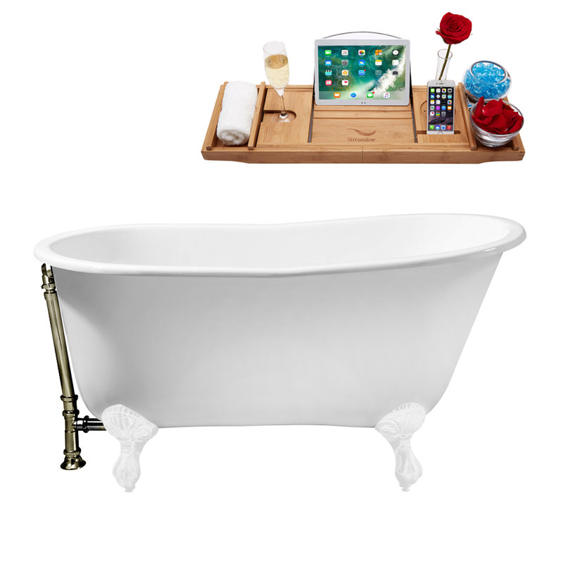 Baignoire de trempage sur pattes 53 "avec drain, pieds en griffes et plateau en bambou 53" Streamline, Nickel brossé