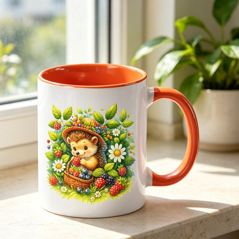 1pc with Charming Hedgehog Vibrant Floral And Strawberry Design Print Present Exchange for Both Genders Practical Ceramic.