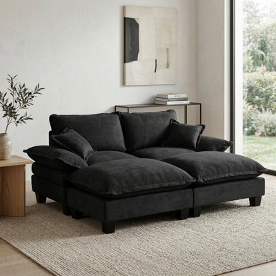 Modular Sectional Sofa, Cloud Couch With Sailboat Design, 2 Movable Ottomans & 2 Soft Pillows Included, Comfy Chenille For Apartment Living Room, Black