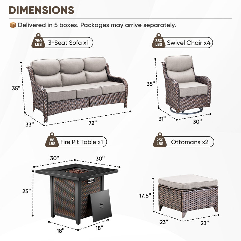Ensemble de conversation pour foyer extérieur en osier 8 pièces avec 4 chaises pivotantes et repose-pieds Heritage, Beige