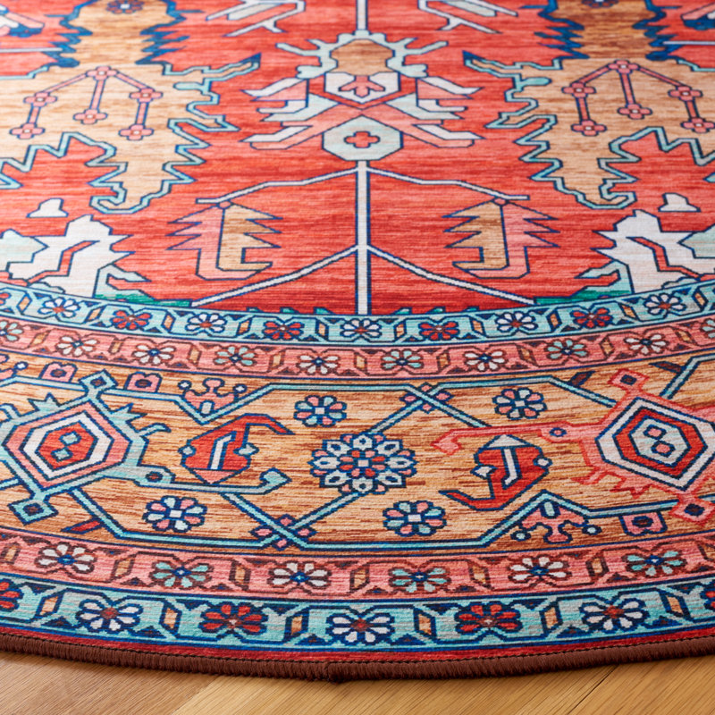 Tucson Vintage Look Machine Washable Non-Slip Area Rug in Red Multi, Round 183cm