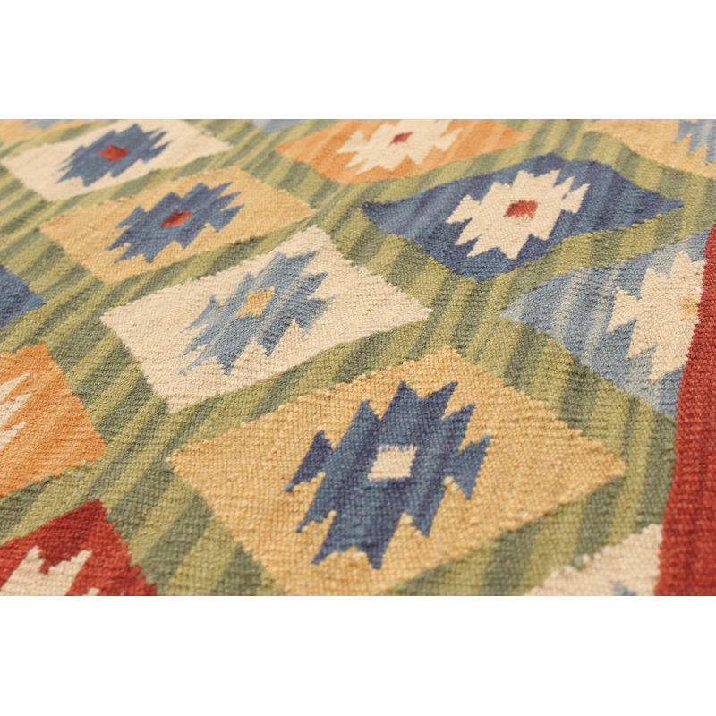 Tapis décoratif vert en laine à motif Kilim fabriqué à la main Maulik