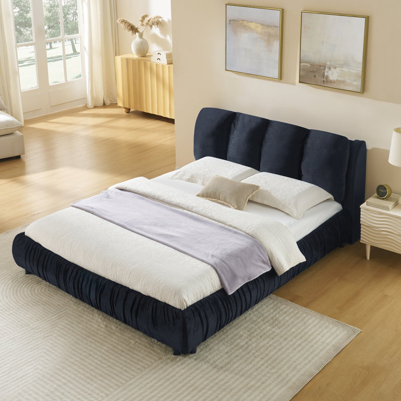 Structure de lit tapissier pour grand lit, style minimaliste moderne avec tête de lit éponge compressée dodue, velours brillant et repose-pieds robuste, matelas non inclus - noir