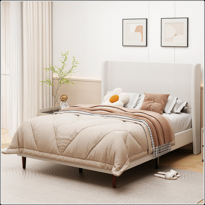 High Back Soft Queen Bed With 12-Slat Support, Chenille Cloth, Easy Assembly, And Elegant Beige Finish, Queen, Beige