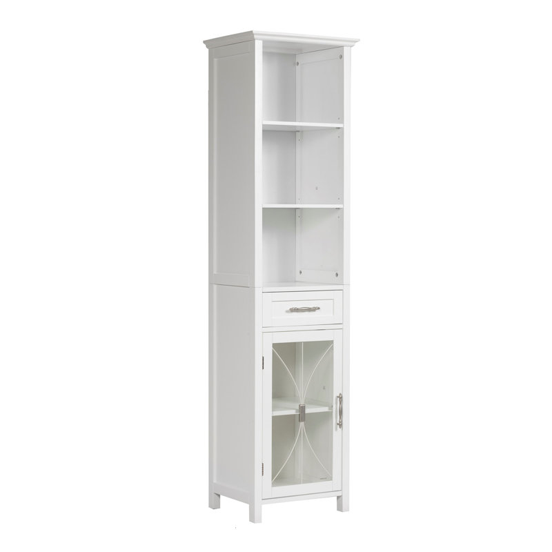 Baily Freestanding Bathroom Linen Tower Storage Cabinet with Glass Door, Drawer, Open Shelves & Adjustable Shelves, White