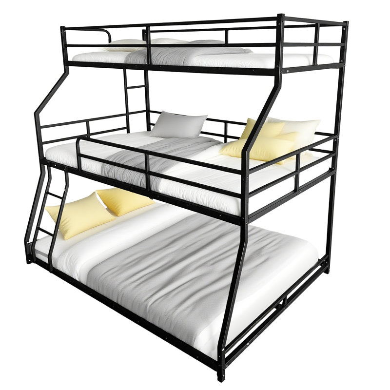 Lit triple en noir, long et court, peu encombrant, look moderne, idéal pour les petites chambres, lit en métal noir, facile à assembler, échelles encastrées, pièces de rangement
