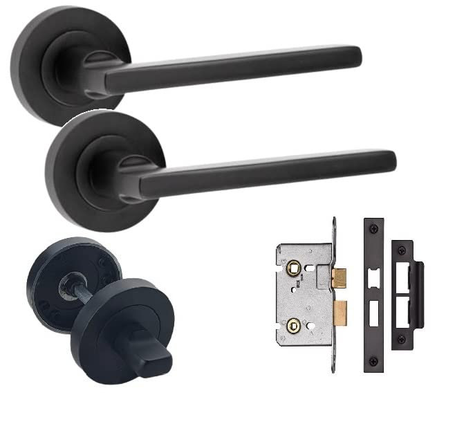 Leon Straight Design Bathroom Door Handles in Matt Black Finish with Matching Lock and Thumbturn