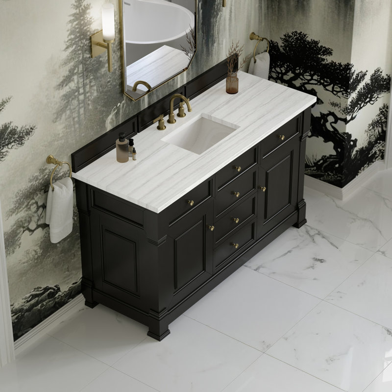 Brookfield Single Vanity, Carrara White, Widespread, Black Onyx