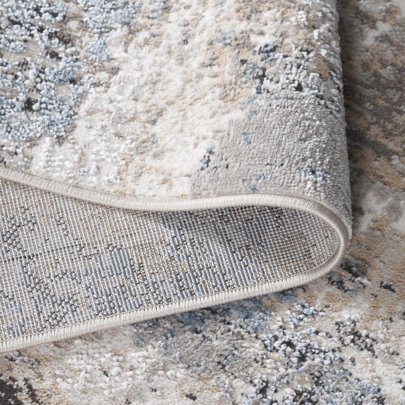 Ivory and Blue Abstract Stain-Resistant Rectangular Rug