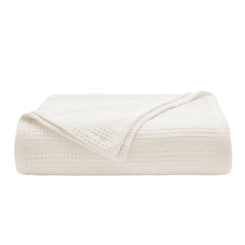 Kenneth Cole Waffle Grid Solid Cotton Reversible Blanket, Queen, White