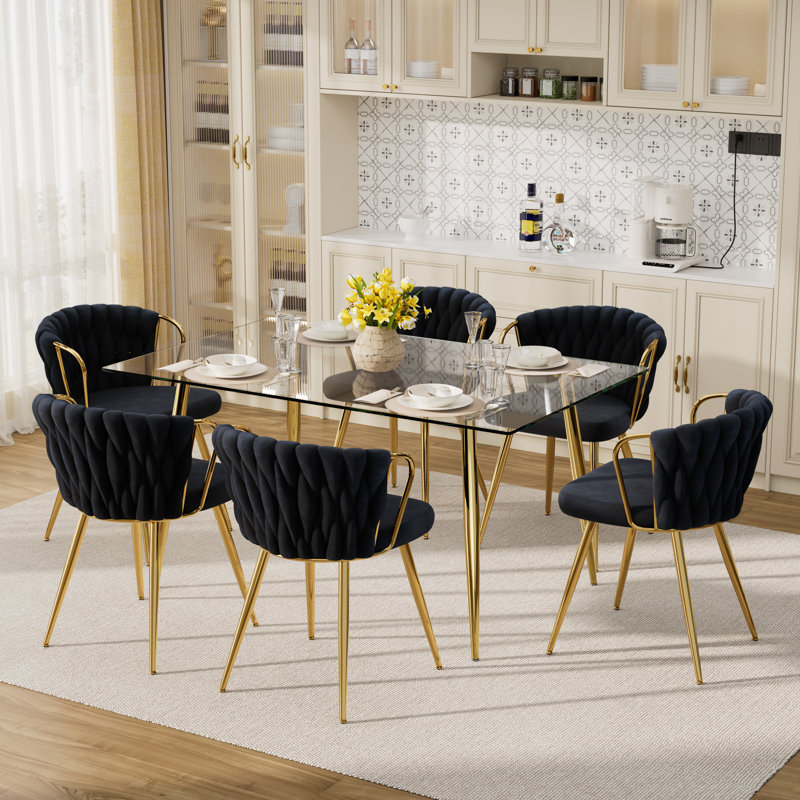 Ensemble repas en verre, Noir, 30" H x 51" L x 31.5" W, 7 Pieces: Table, 6 Chairs