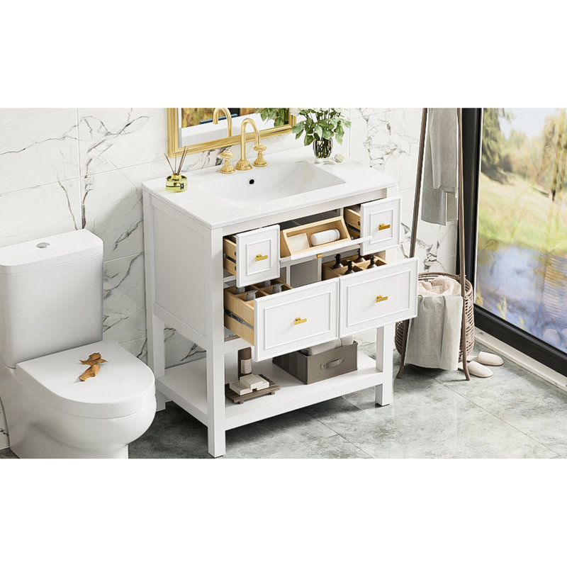 Lavabo de salle de bain moderne en céramique 30 po - structure en bois massif, 5 tiroirs, meuble-lavabo blanc, style