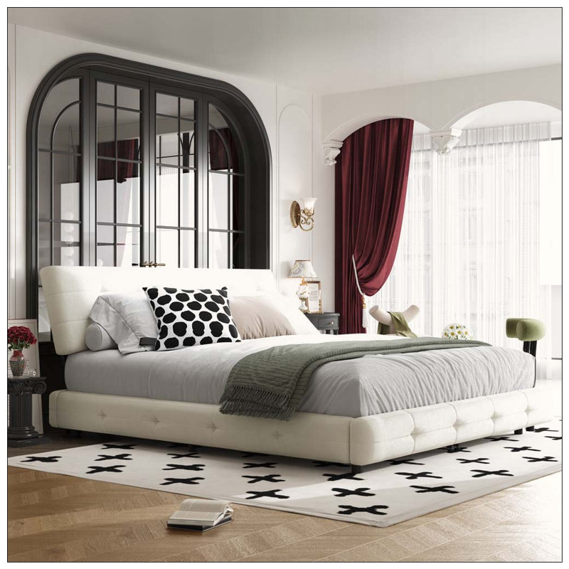Structure de lit, tête de lit capitonnée avec très grand coussin ultra doux, Très grand lit, Beige et blanc