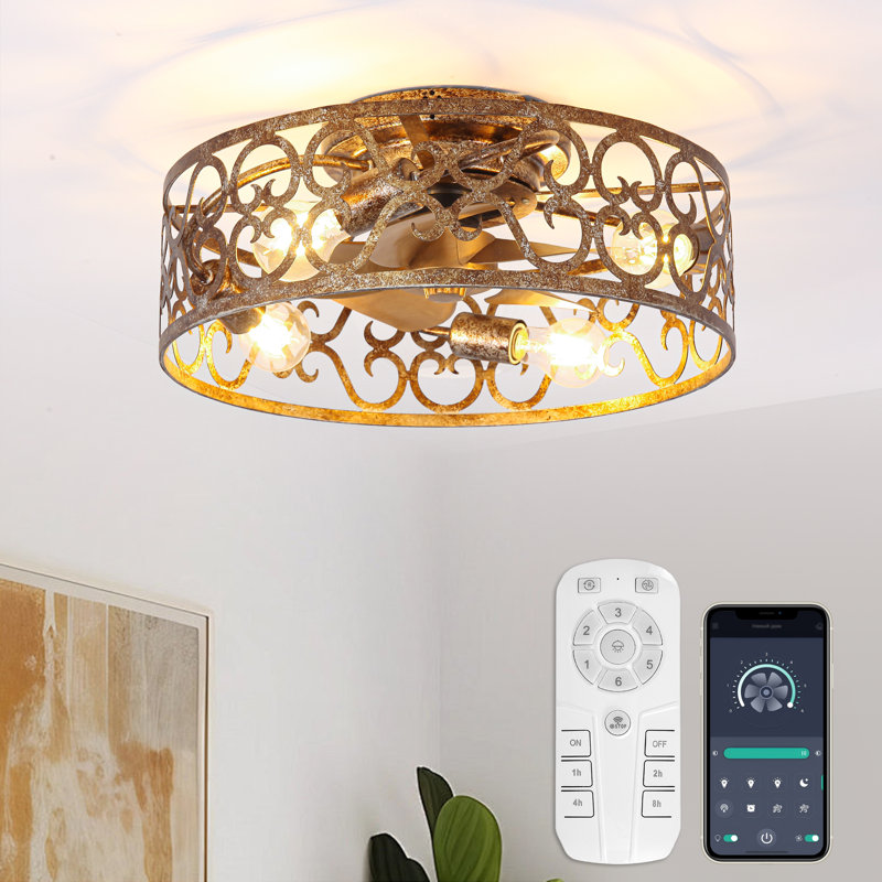 Vintage 18" 4-Light Weathered Gold Flush Mount Smart Ceiling Fan With Remote and APP Control