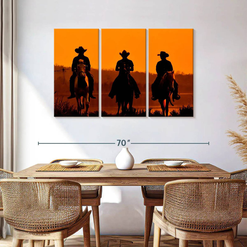 Cowboys Lelar au coucher du soleil, H 36 po x l 57 po
