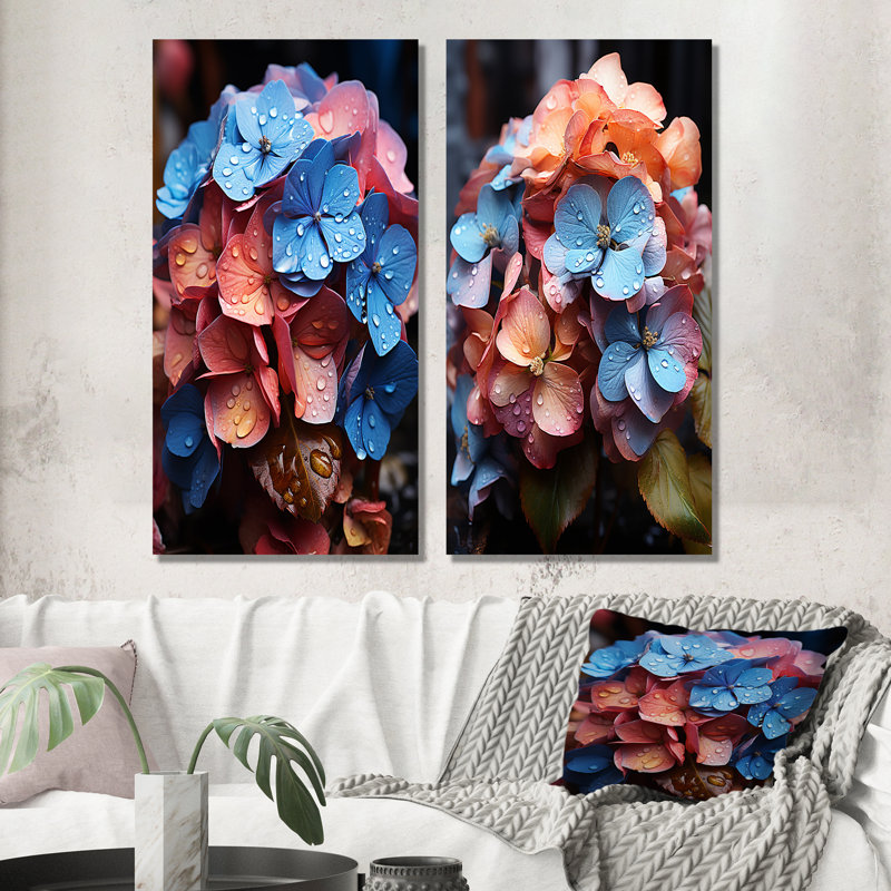 Hydrangées, mélange de fleurs et arc-en-ciel - ensemble de 2 reproductions d'art hydrangées, H 28 po x l 25 po, Toile tendue