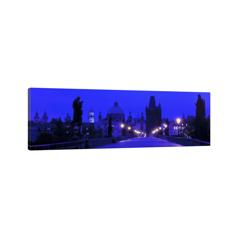 Charles Bridge At Night, Prague, Czech Republic - Wrapped Canvas Panoramic Print, 152.4 cm H x 50.8 cm W x 1.91 cm D