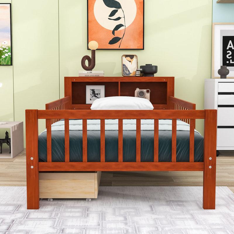 Lit simple avec tiroirs et tablettes de rangement, Noyer