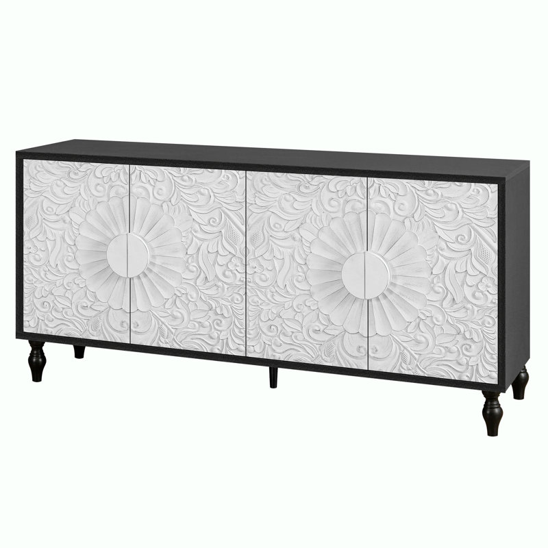 62.99"Long Farmhouse Storage Wood Console Table with 4 Door,Adjustable Shelf, Black/White