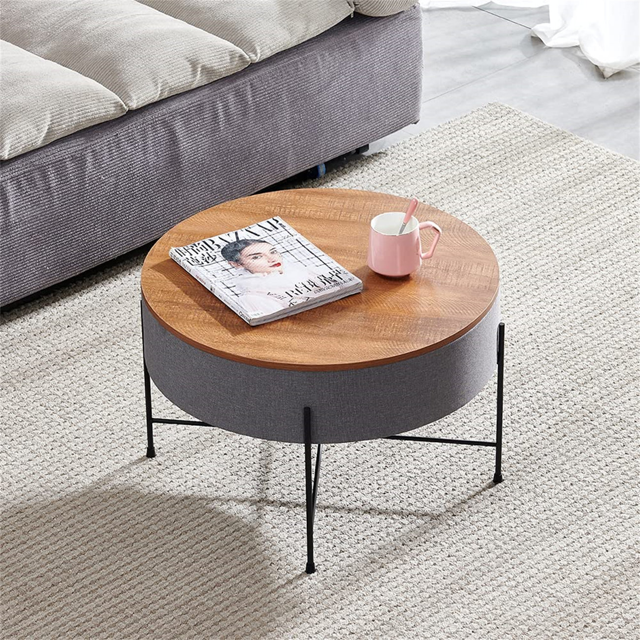 Latitude Run Round Grey Coffee Table With Storage Drawer, Modern Wood
