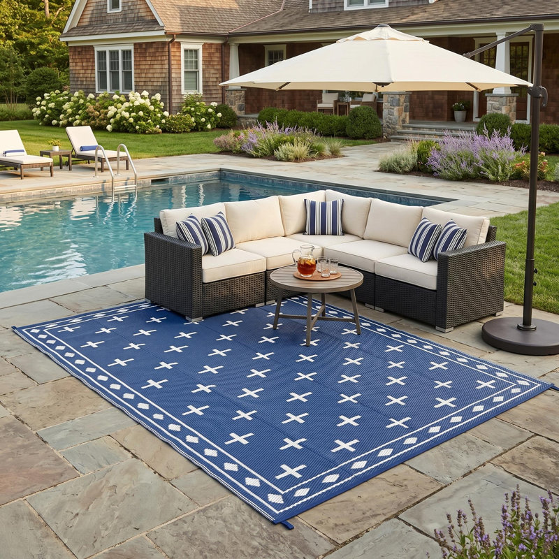 Tapis d'extérieur, tissé en PP réversible pour camping-car, Blue, Rectangle 9' x 12'