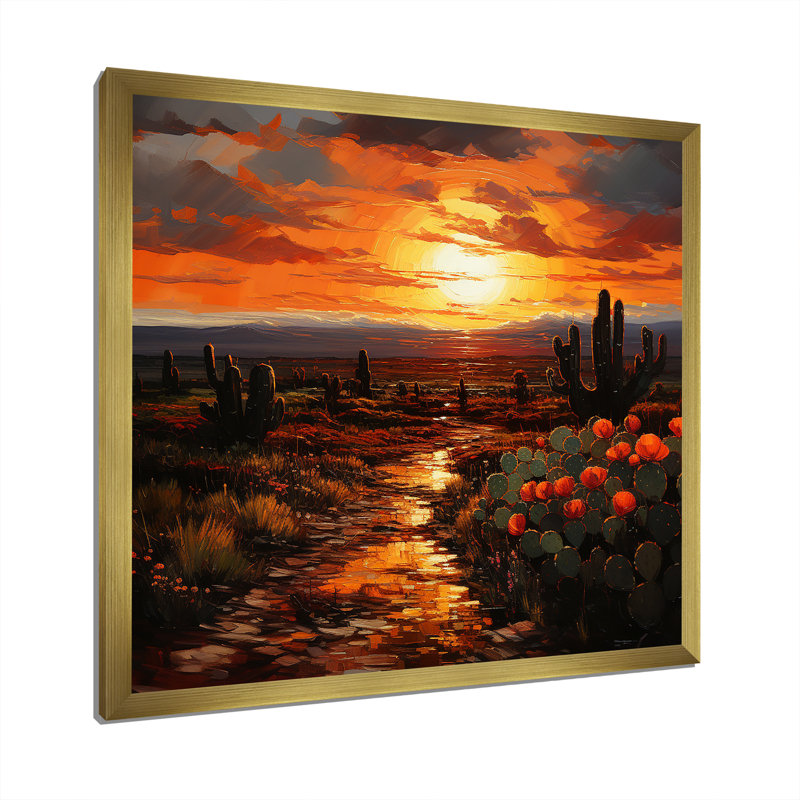 Cactus coucher de soleil, désert, rêves - art mural désert, Cadre doré simple, H 36 po x l 36 po x P 1,5 po