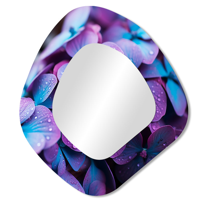 Fleurs d'Hortensia mauve Harmony II - miroir décoratif asymétrique hydrangée, miroir mural de forme unique traditionnelle