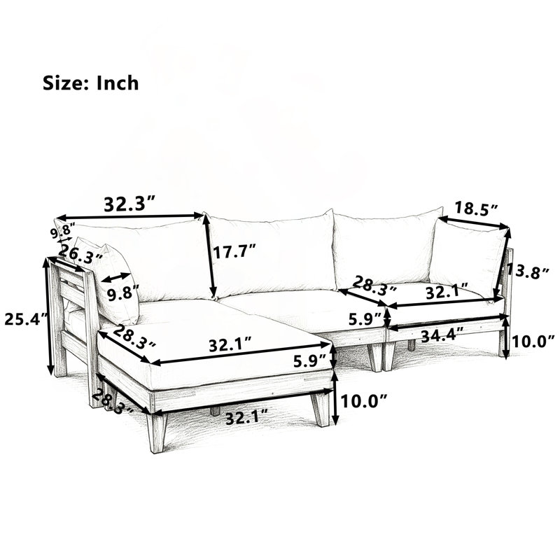 Ensemble de canapé de patio modulaire en bois d'acacia 6 pièces avec coussins et coussins épais