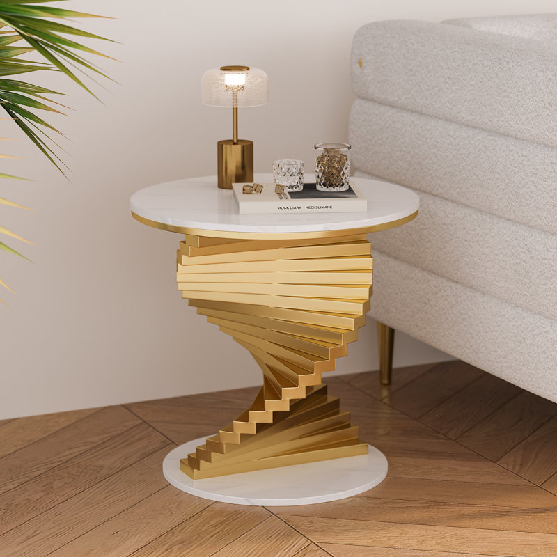 Plateau de table d'appoint 20 po en faux marbre or blanc avec piédestal en spirale en métal Veine unique Style moderne résistant aux rayures et à la chaleur pour canapé