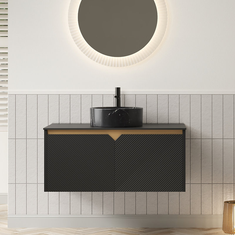 Cerivelle Modern Luxe Floating Plywood Bathroom Vanity with Marble-Pattern Ceramic Vessel Basin & Sintered Stone Countertop
